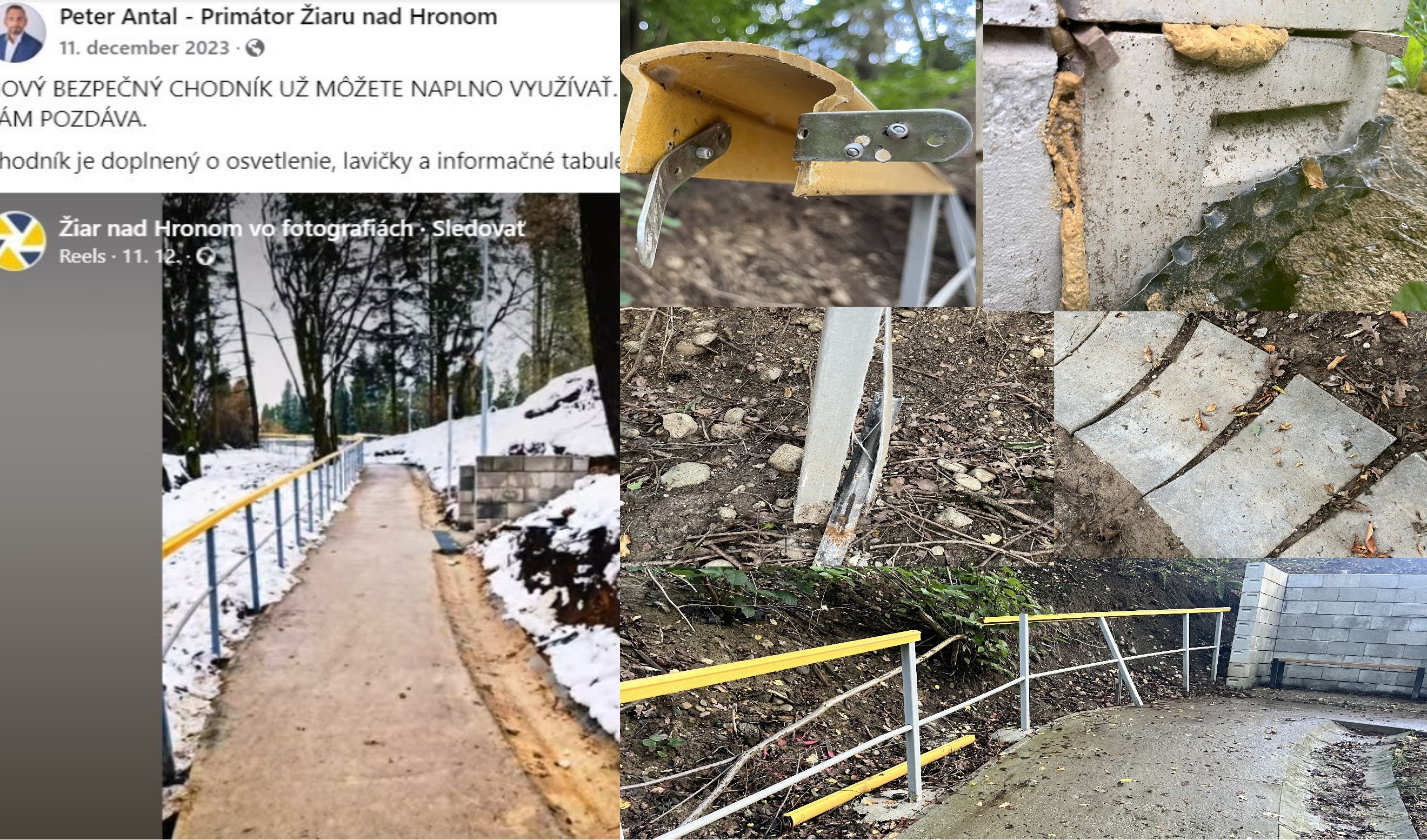 Oznam Petra Antala o otvorení nového chodníka na cintorín a jeho stav po pol roku/ zdroj: FB Peter Antal – Primátor Žiaru nad Hronom a foto Pravda o Žiari