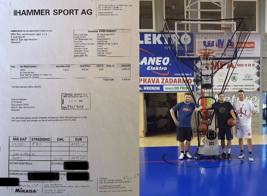 Sfalšovaná faktúra uhradená 16.12.2019, overená, schválená a podpísaná ekonómom mesta a konateľom MŠK a členovia vedenia BK v roku 2019, Ján Valent, Tomáš Fábry a Juraj Horváth_zdroj: účtovníctvo MŠK Žiar nad Hronom, spol. s r.o. a FB Basketbal Žiar nad Hronom