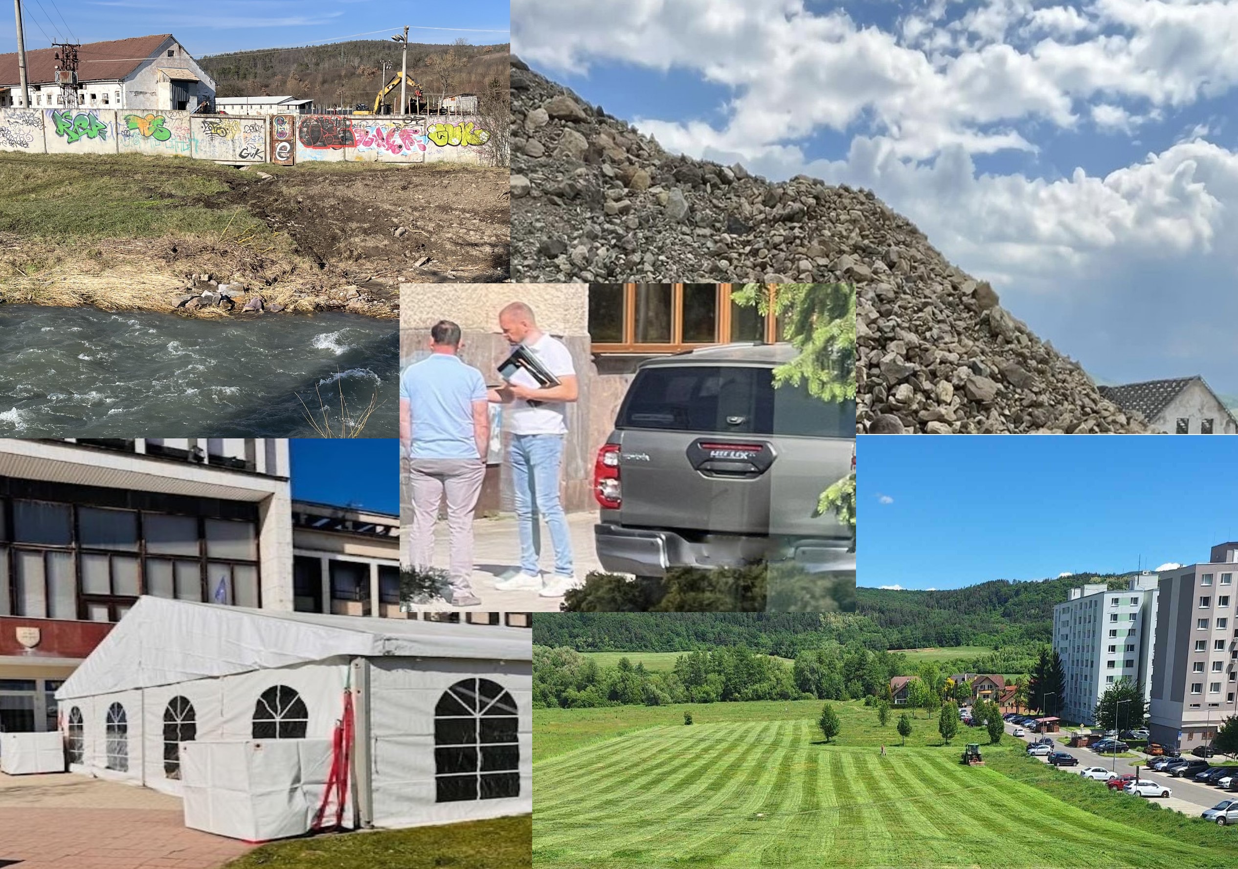 Foto Petra Antala a Petra Vasila, odstránená lávka cez Lutilský potok, stan na verejnom priestranstve na žiarskom námestí, halda na žiarskom družstve, predaný pozemok pod Priorom_zdroj_PRAVDAOZIARI.SK, FB Mesto Žiar nad Hronom