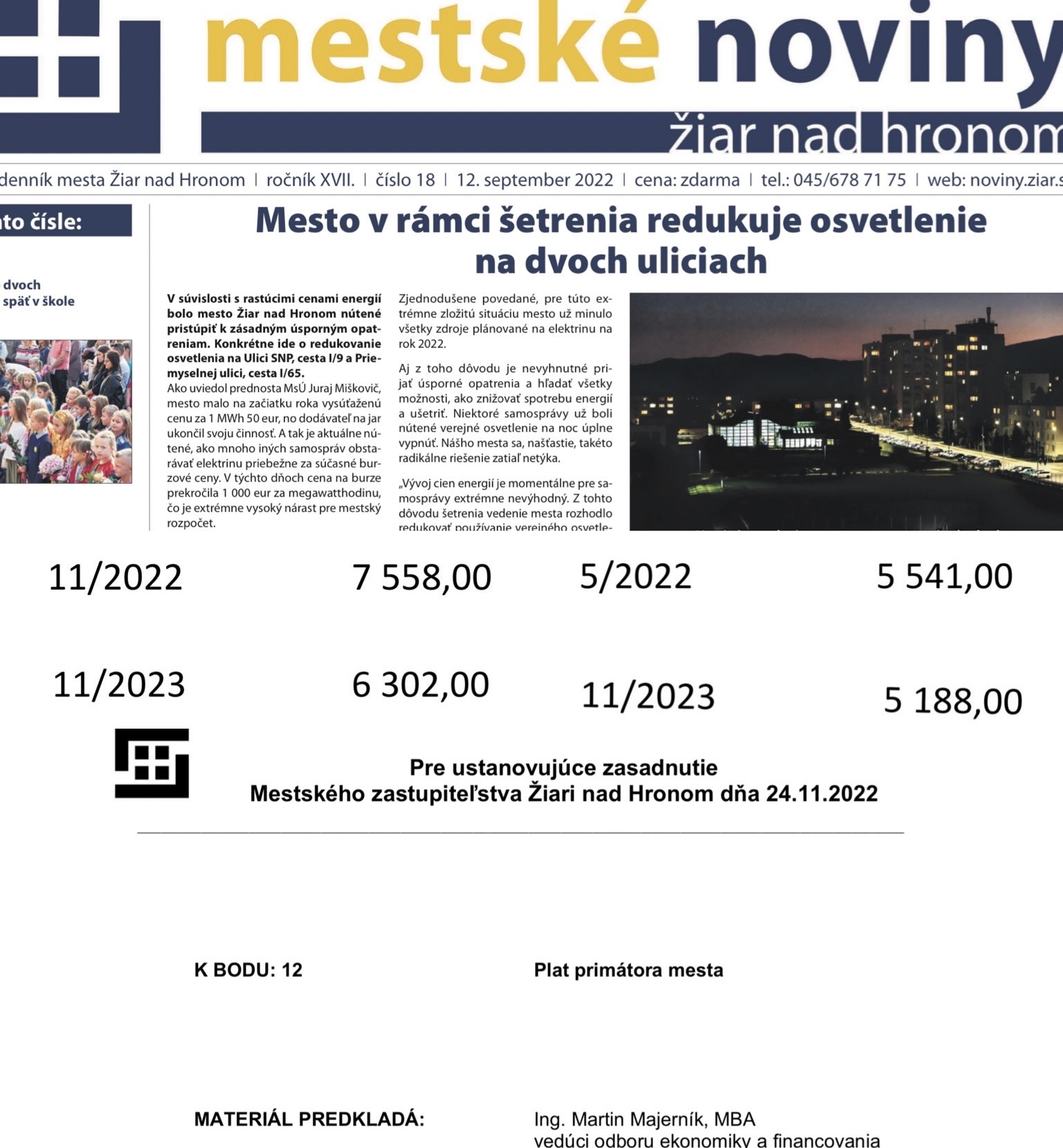 Hrubý príjem ekonóma a hovorcu mesta, materiál k zvýšeniu platu primátora a článok v MN 12.9.2022 / zdroj: Odpoveď prednostu MsÚ, Materiál k platu primátora 2022 a MN 12.9.2022