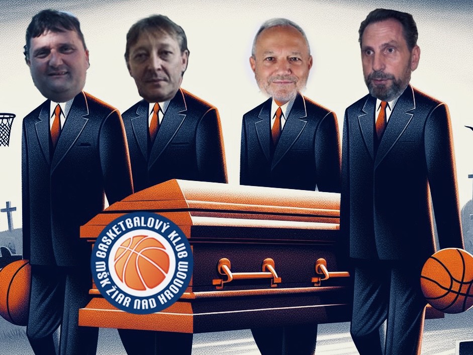 Fikcia: mocní z vedenia MŠK ako hrobári žiarskeho basketbalu/ zdroj: AI, web mesta, reportáž TV Noviny Markíza, Pravda o Žiari