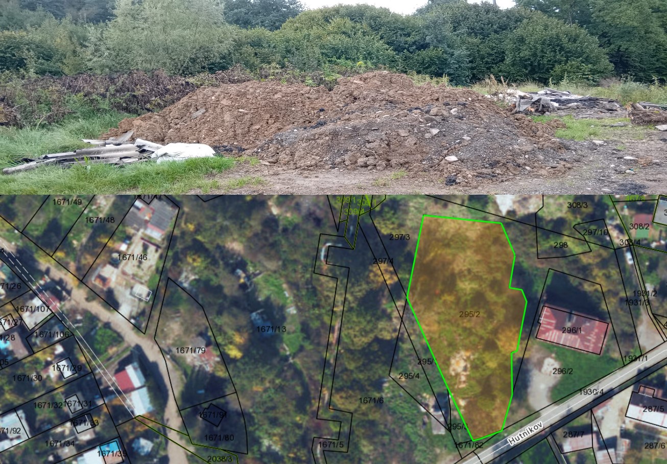 Návoz zeminy na pozemku, kde Mesto Žiar nad Hronom pripravuje nové ihrisko a situačná mapa lokalizácie pozemku priamo nad Kortínou / zdroj: Pravda o Žiari, zbgis.skgeodesy.sk 