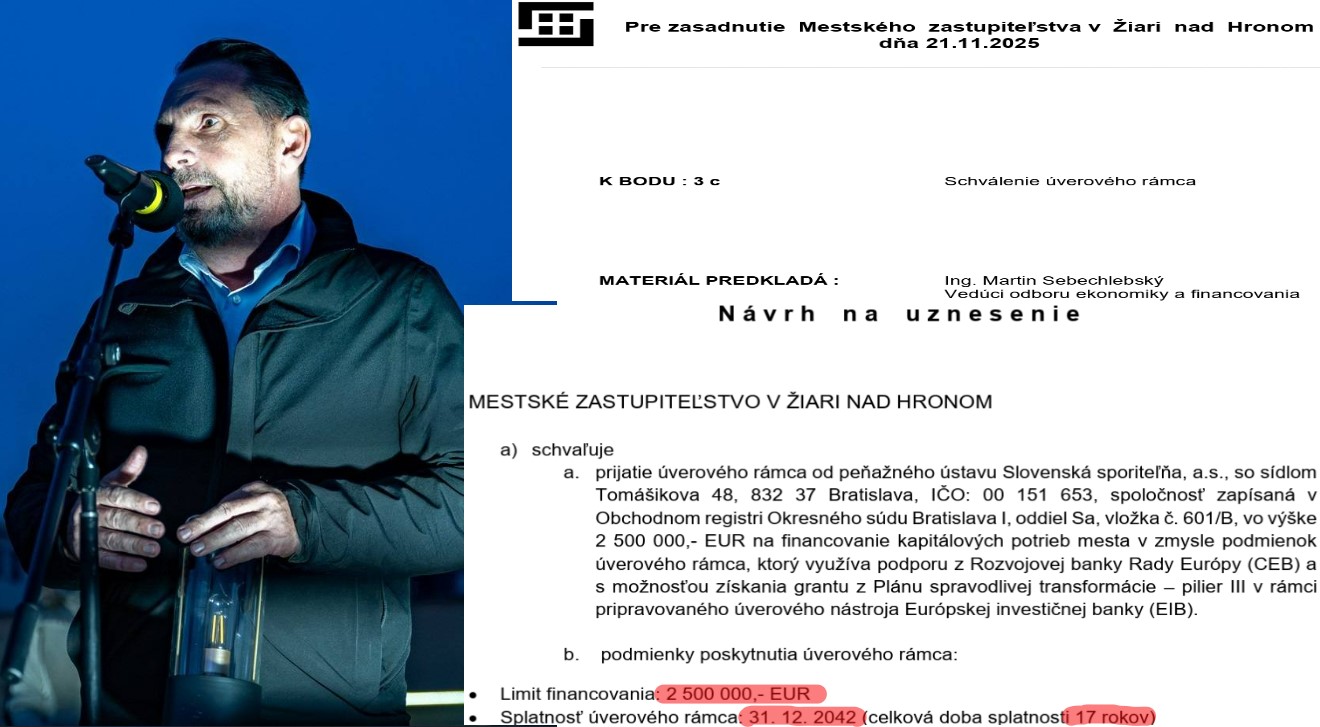 Primátor Peter Antal 13.novembra 2025 na nepodarenej akcii na žiarskom námestí a materiál Schválenie úverového rámca na 2,5 milióna eur/ zdroj: FB Peter Antal – Primátor Žiaru nad Hronom LAMPIÓNOVÝ SPRIEVOD 13.11.,  materiály do MsZ v Žiari nad Hronom