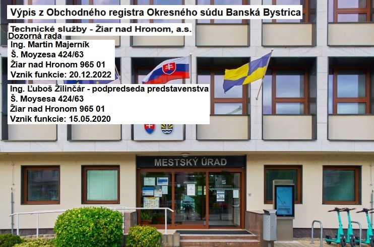 Budova Mestského úradu v Žiari nad Hronom a údaje z ORSR žilinských Technických služieb a.s. / zdroj: web mesta a obchodný register SR