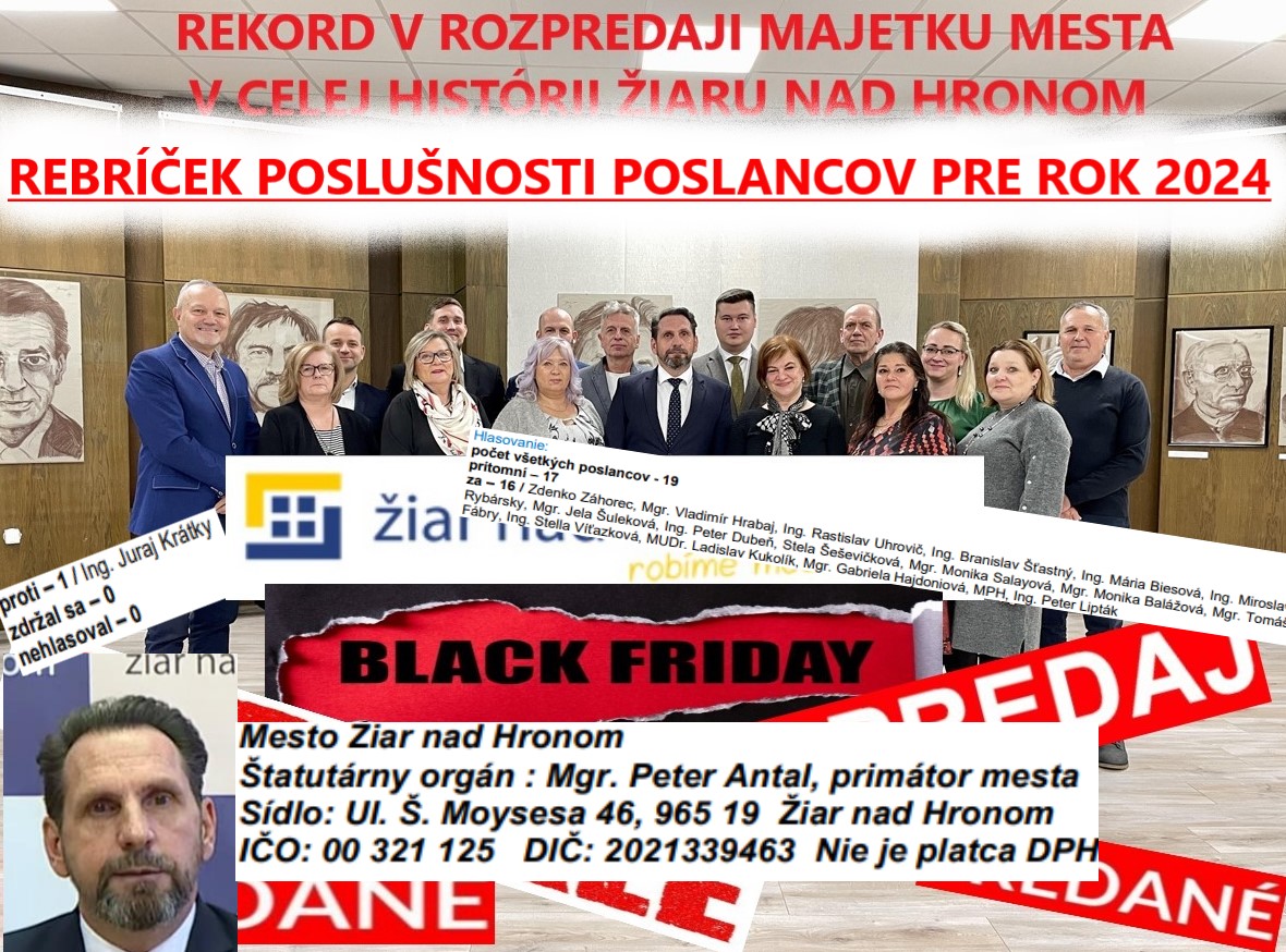Spoločná fotka primátora Žiaru nad Hronom a jeho najvernejších poslancov na MsZ,  úryvky z ich hlasovaní a z uznesení MsZ za rok 2024 / zdroj: web mesta