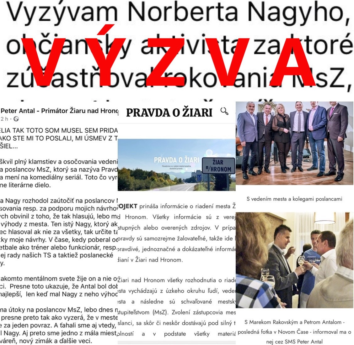 Výzva Petra Antala na FB 27.2.2025 a sekcia O nás na www.pravdaoziari.sk  / zdroj: FB Peter Antal – Primátor Žiaru nad Hronom a www.pravdaoziari.sk